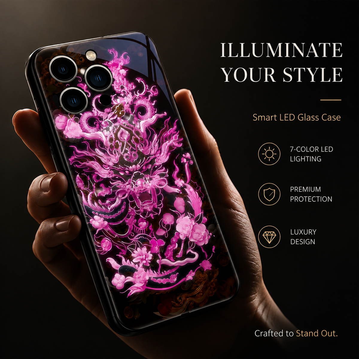 Premium iPhone Case LED Luminous Sound Reactive Tempered Glass Camera Protection Shockproof Protective Cover Slim Full Coverage Decorative Design Look
