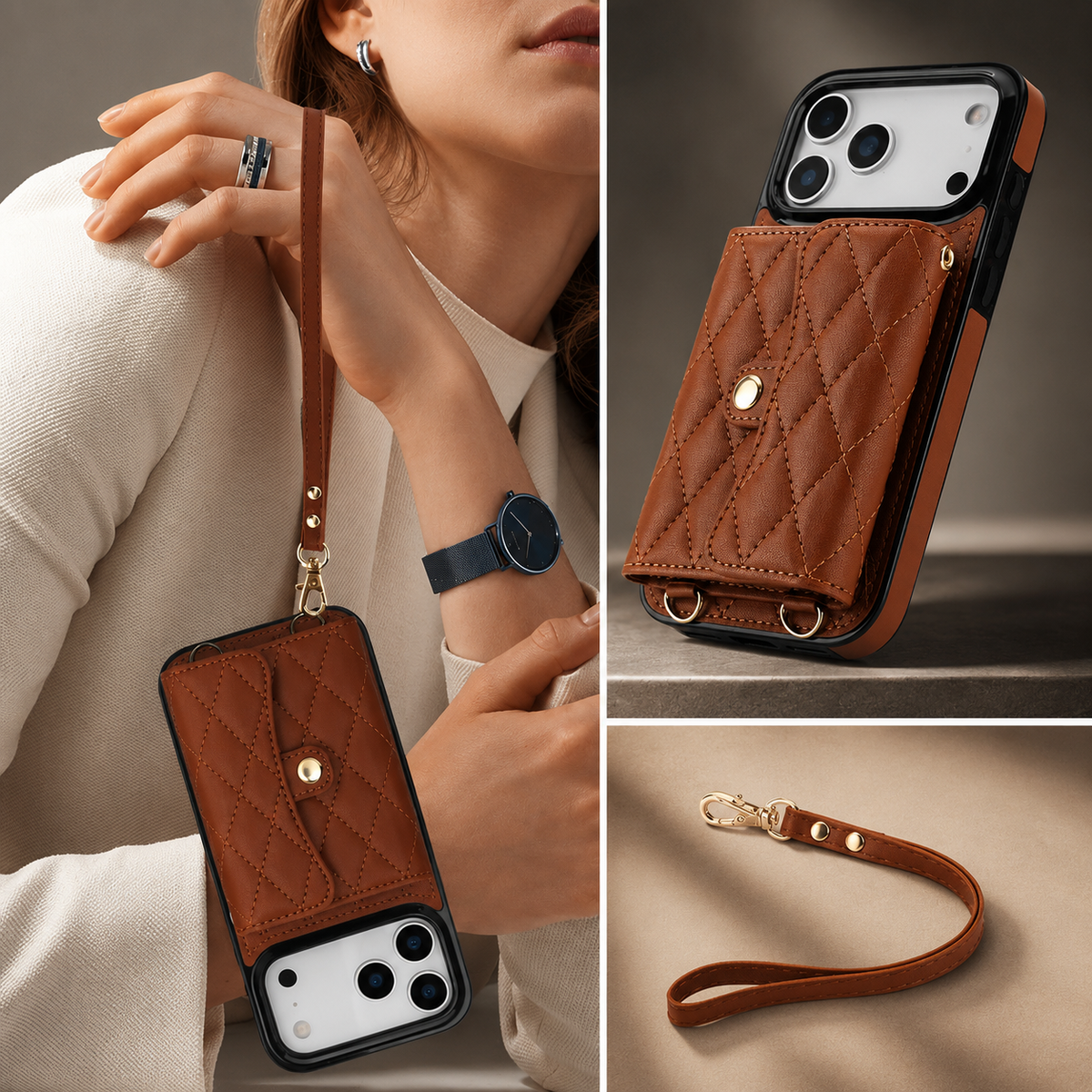 Premium iPhone Case Leather Crossbody Wallet Card Holder Coin Pocket Wrist Shoulder Strap Shockproof Non Slip Full Coverage Portable Protective Design