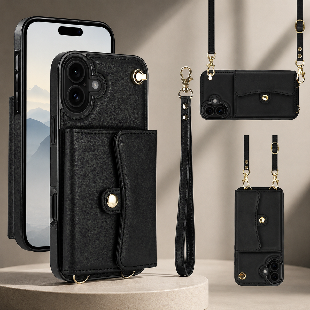 Premium iPhone Case Leather Crossbody Wallet Card Holder Coin Pocket Wrist Shoulder Strap Shockproof Non Slip Full Coverage Portable Protective Design