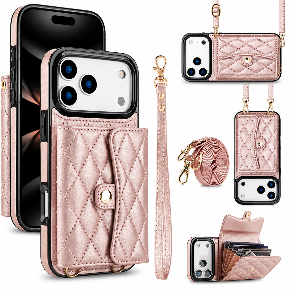 Premium iPhone Case Leather Crossbody Wallet Card Holder Coin Pocket Wrist Shoulder Strap Shockproof Non Slip Full Coverage Portable Protective Design