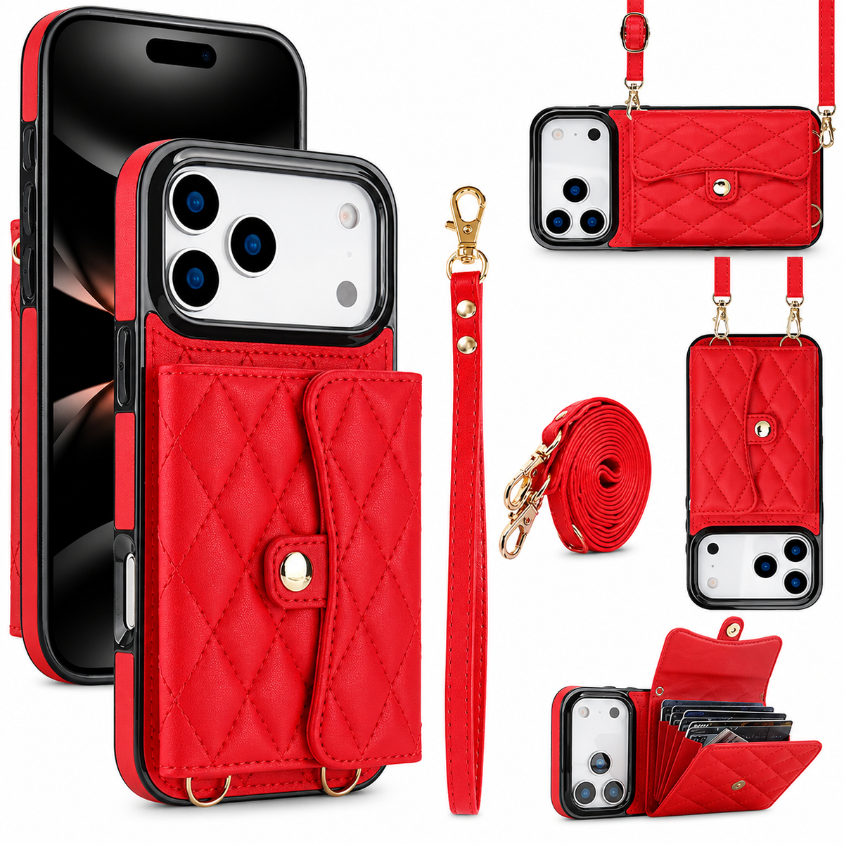 Premium iPhone Case Leather Crossbody Wallet Card Holder Coin Pocket Wrist Shoulder Strap Shockproof Non Slip Full Coverage Portable Protective Design