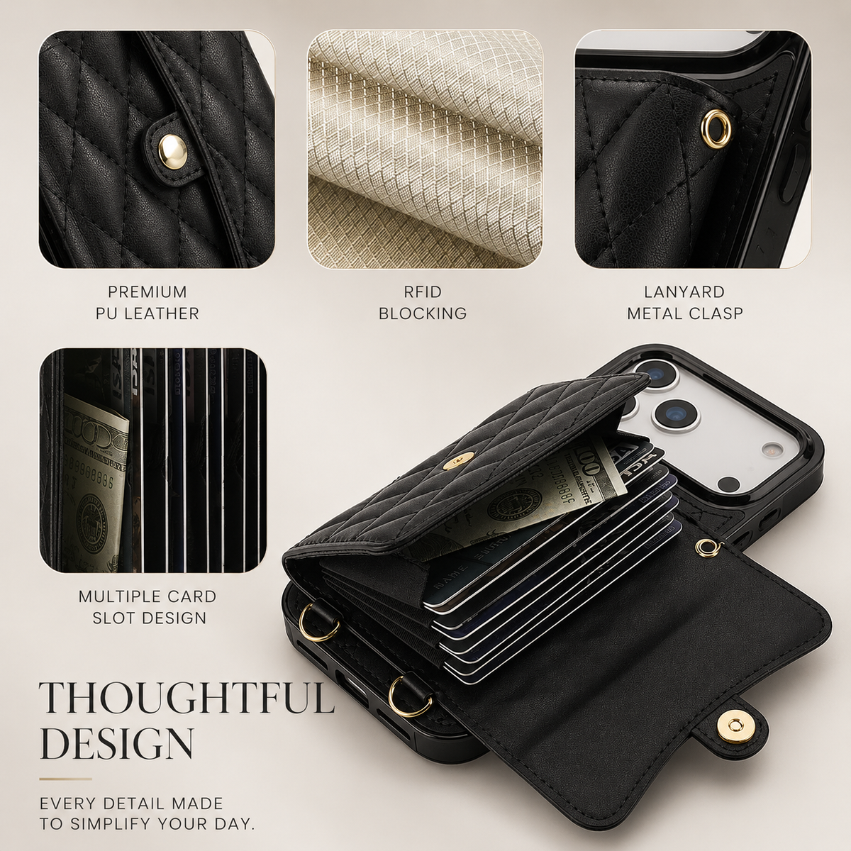 Premium iPhone Case Leather Crossbody Wallet Card Holder Coin Pocket Wrist Shoulder Strap Shockproof Non Slip Full Coverage Portable Protective Design