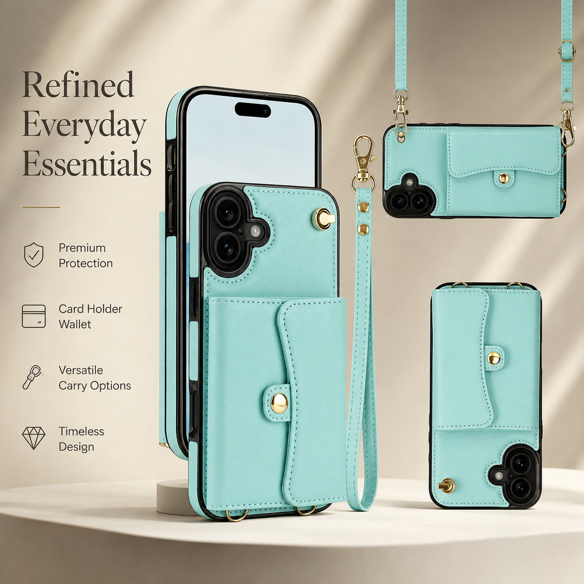 Premium iPhone Case Leather Crossbody Wallet Card Holder Coin Pocket Wrist Shoulder Strap Shockproof Non Slip Full Coverage Portable Protective Design