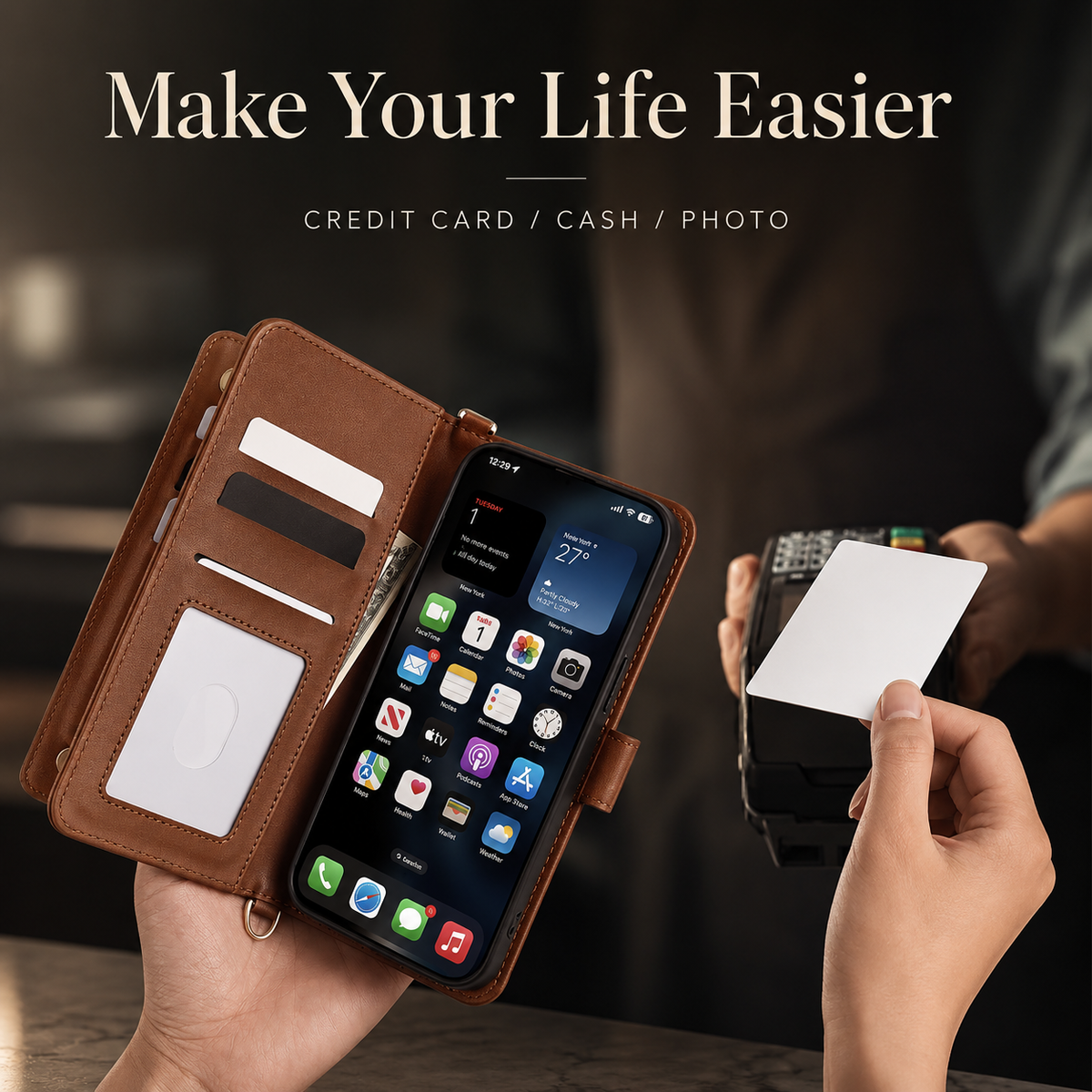 Premium iPhone Case Leather Flip Wallet Card Holder Shockproof Durable Cover Magnetic Closure Full Body Protection Slim Stand Design Scratch Resistant