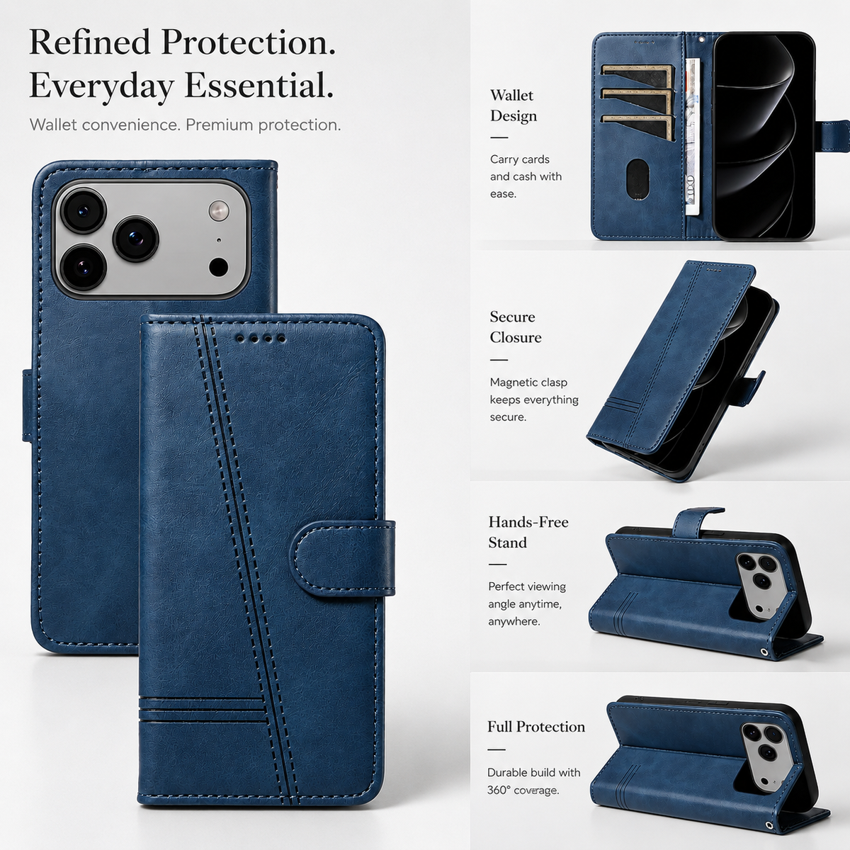 Premium iPhone Case Leather Flip Wallet Magnetic Card Holder Stand Anti Scratch Non Slip Protective Book Cover Storage Compartment Slim Folio Case