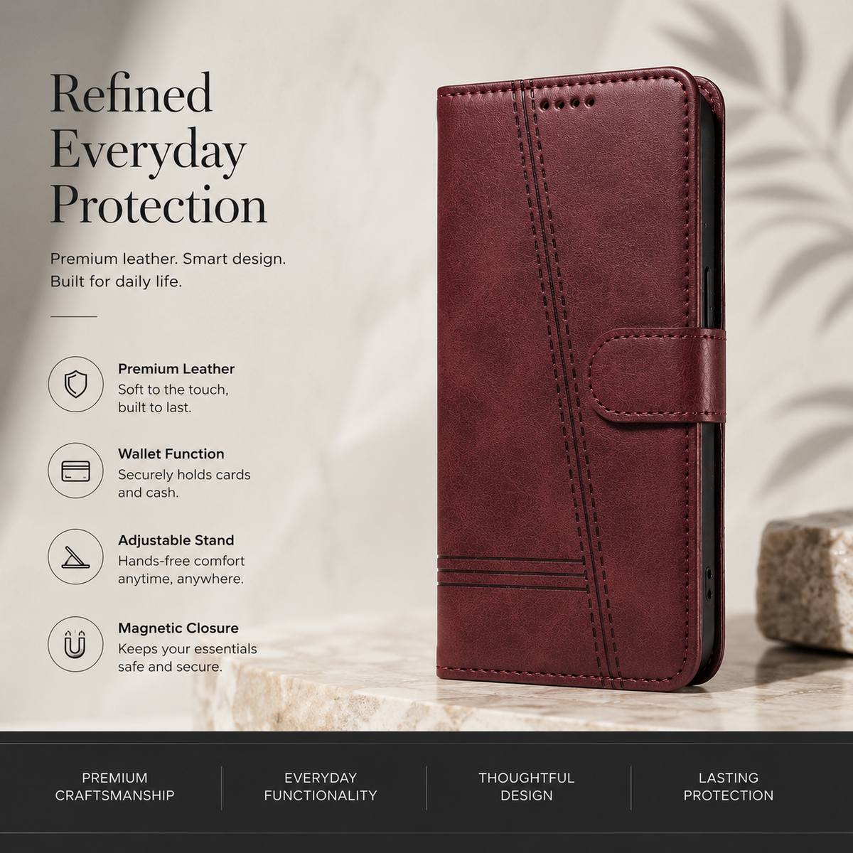 Premium iPhone Case Leather Flip Wallet Magnetic Card Holder Stand Anti Scratch Non Slip Protective Book Cover Storage Compartment Slim Folio Case