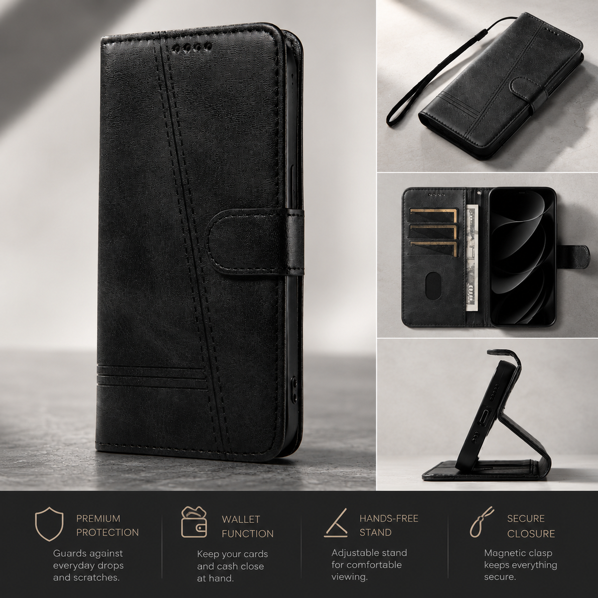 Premium iPhone Case Leather Flip Wallet Magnetic Card Holder Stand Anti Scratch Non Slip Protective Book Cover Storage Compartment Slim Folio Case