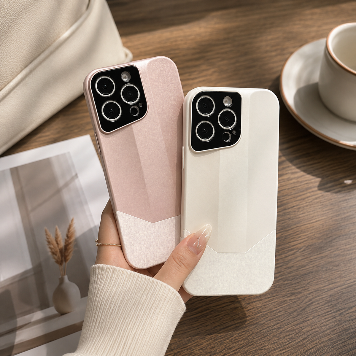 Premium iPhone Case Leather PC Hybrid Shockproof Protective Cover Anti Scratch Anti Fingerprint Non Slip Slim Contrast Color Hard Half Wrapped Shell