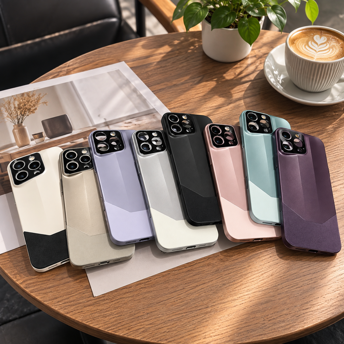 Premium iPhone Case Leather PC Hybrid Shockproof Protective Cover Anti Scratch Anti Fingerprint Non Slip Slim Contrast Color Hard Half Wrapped Shell