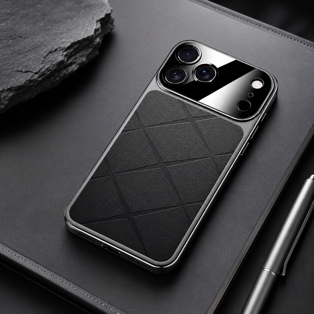 Premium iPhone Case Leather Plating Frame Camera Lens Protection Shockproof Tough Protective Bumper Anti Scratch Slim Reinforced Edge Modern Cover