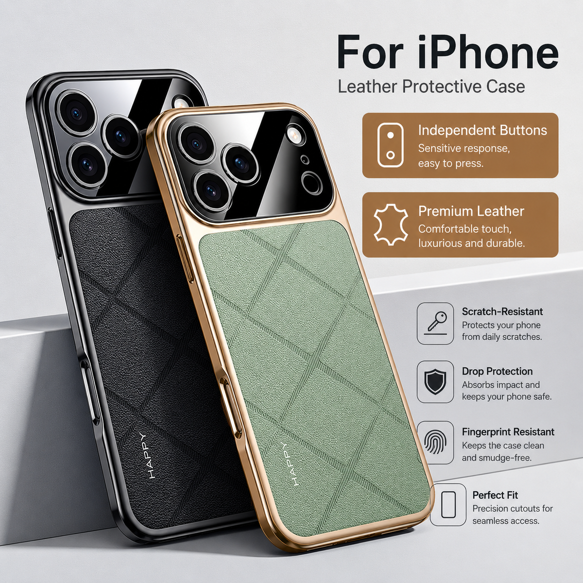 Premium iPhone Case Leather Plating Frame Camera Lens Protection Shockproof Tough Protective Bumper Anti Scratch Slim Reinforced Edge Modern Cover