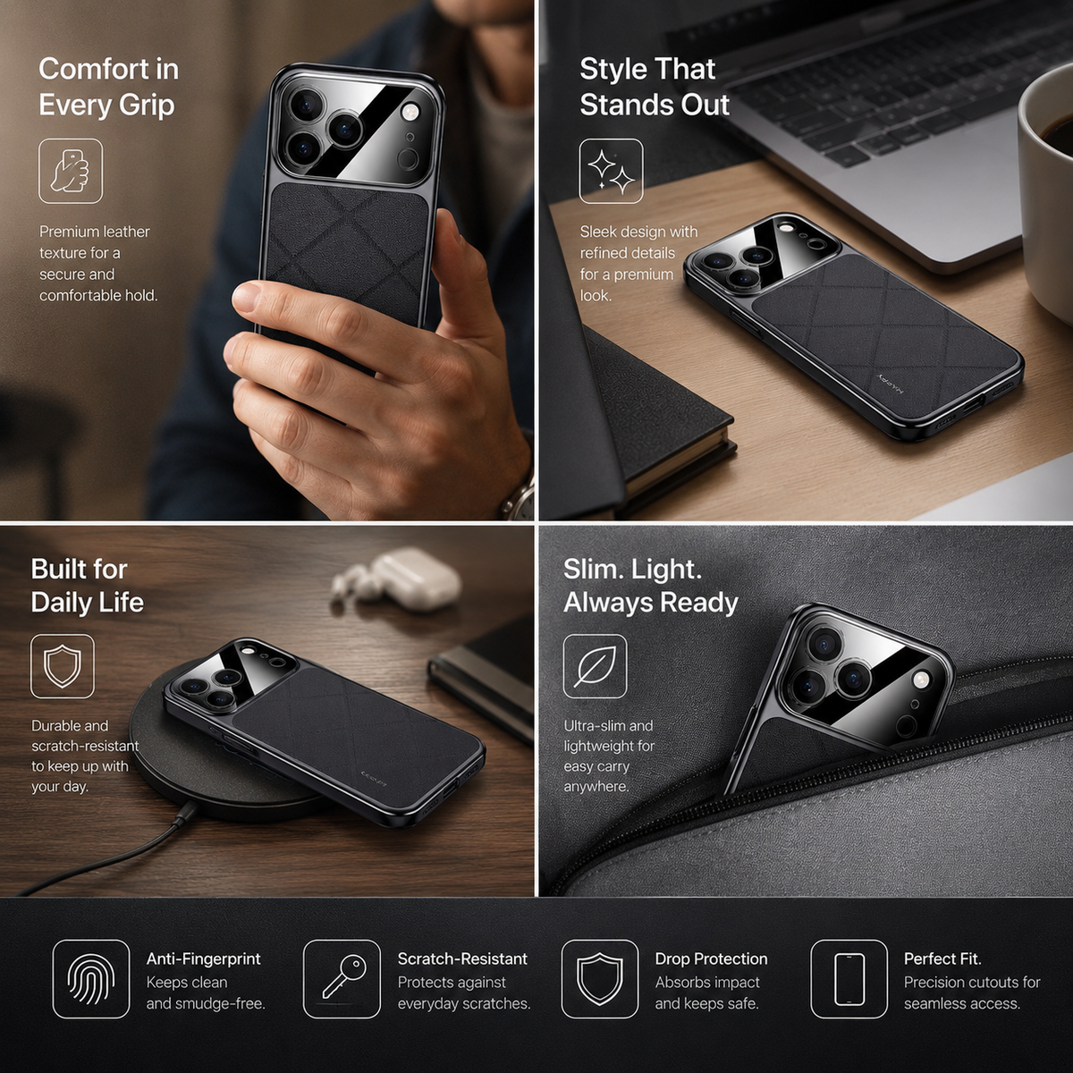 Premium iPhone Case Leather Plating Frame Camera Lens Protection Shockproof Tough Protective Bumper Anti Scratch Slim Reinforced Edge Modern Cover