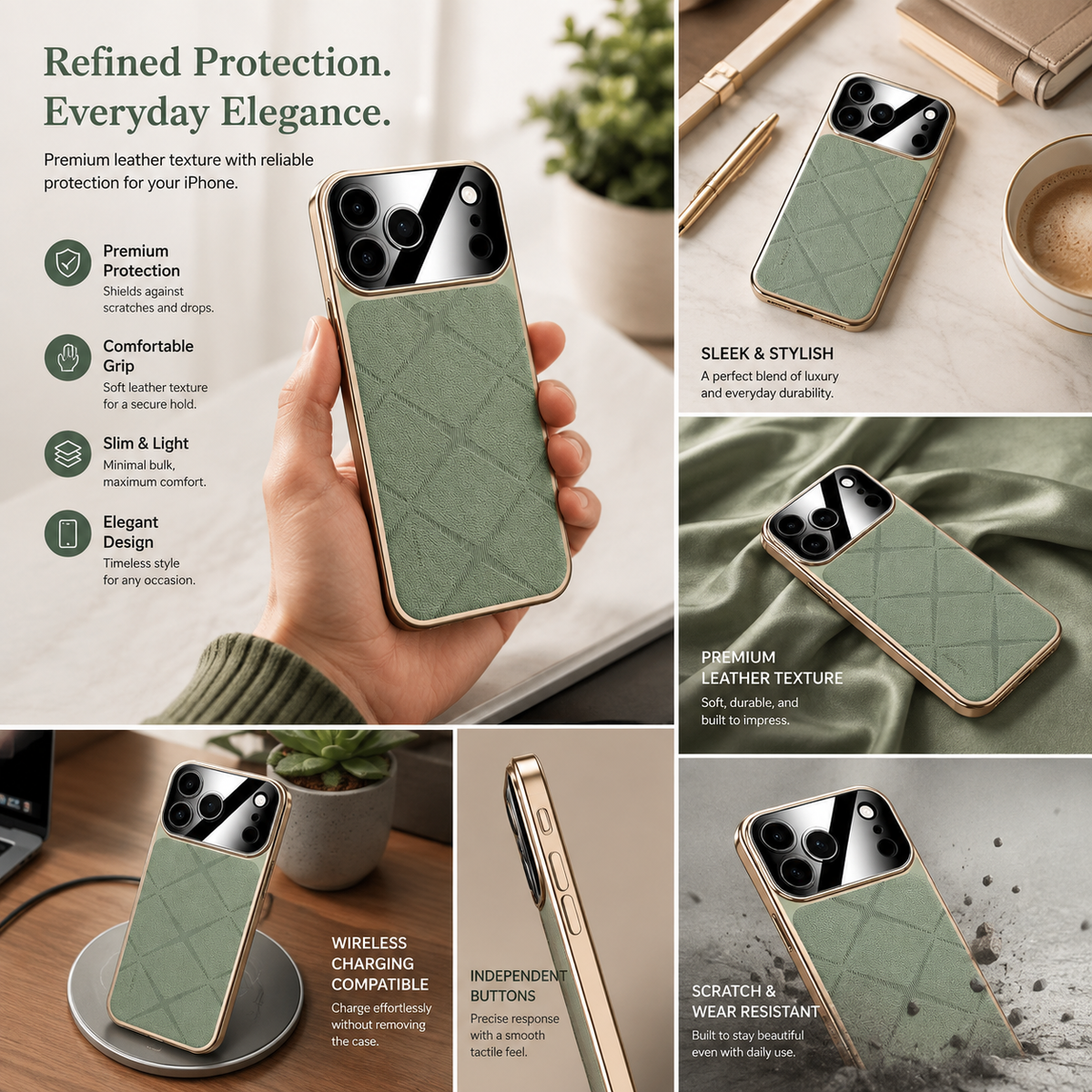 Premium iPhone Case Leather Plating Frame Camera Lens Protection Shockproof Tough Protective Bumper Anti Scratch Slim Reinforced Edge Modern Cover