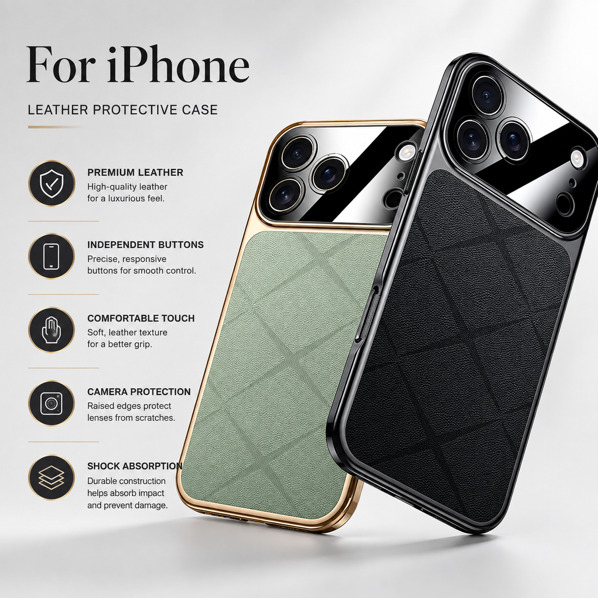 Premium iPhone Case Leather Plating Frame Camera Lens Protection Shockproof Tough Protective Bumper Anti Scratch Slim Reinforced Edge Modern Cover