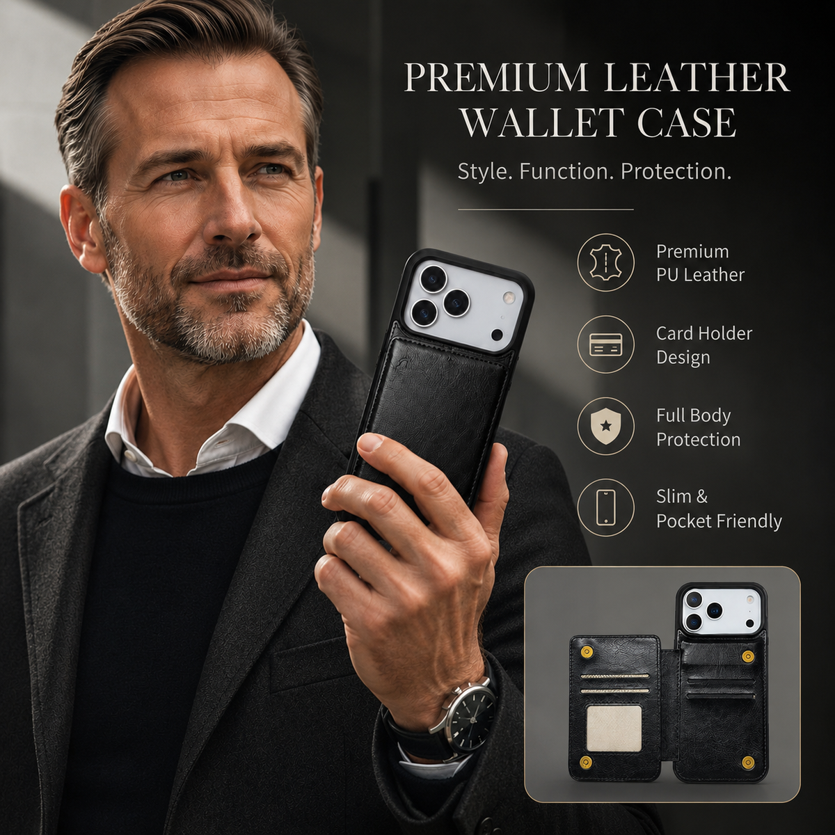 Premium iPhone Case Leather Wallet Card Holder Shockproof Protective Cover Business Slim Anti Scratch Non Slip Full Coverage Card Storage Case
