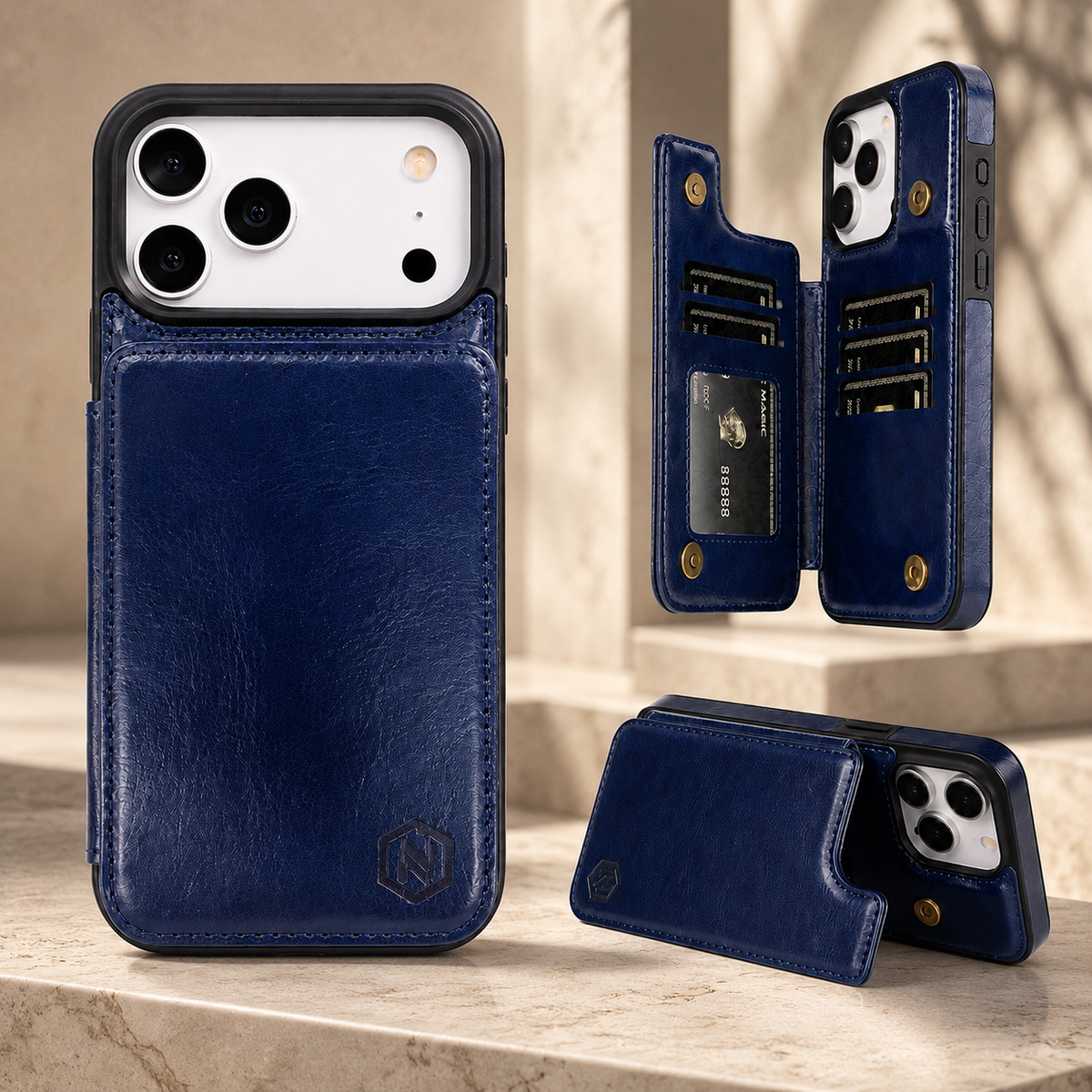 Premium iPhone Case Leather Wallet Card Holder Shockproof Protective Cover Business Slim Anti Scratch Non Slip Full Coverage Card Storage Case