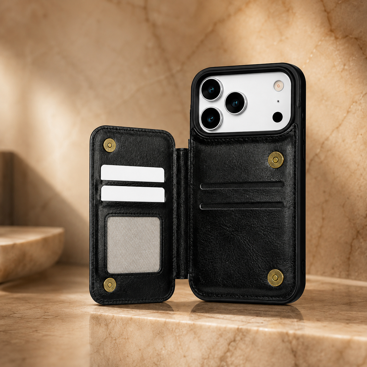 Premium iPhone Case Leather Wallet Card Holder Shockproof Protective Cover Business Slim Anti Scratch Non Slip Full Coverage Card Storage Case