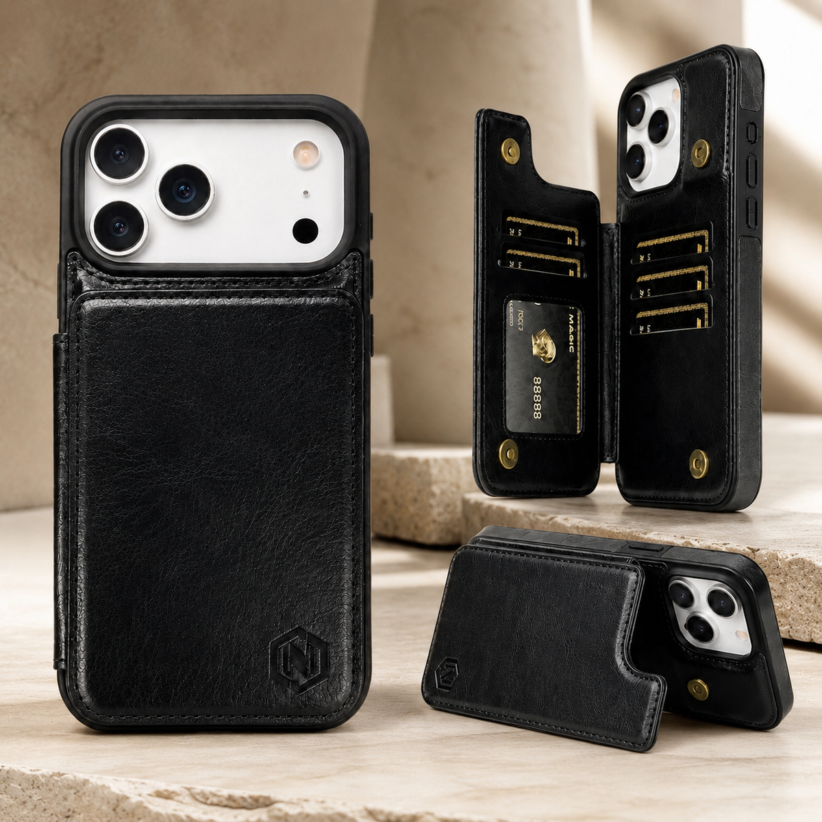 Premium iPhone Case Leather Wallet Card Holder Shockproof Protective Cover Business Slim Anti Scratch Non Slip Full Coverage Card Storage Case