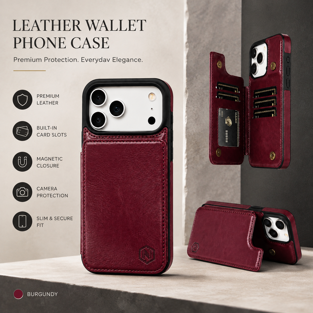 Premium iPhone Case Leather Wallet Card Holder Shockproof Protective Cover Business Slim Anti Scratch Non Slip Full Coverage Card Storage Case
