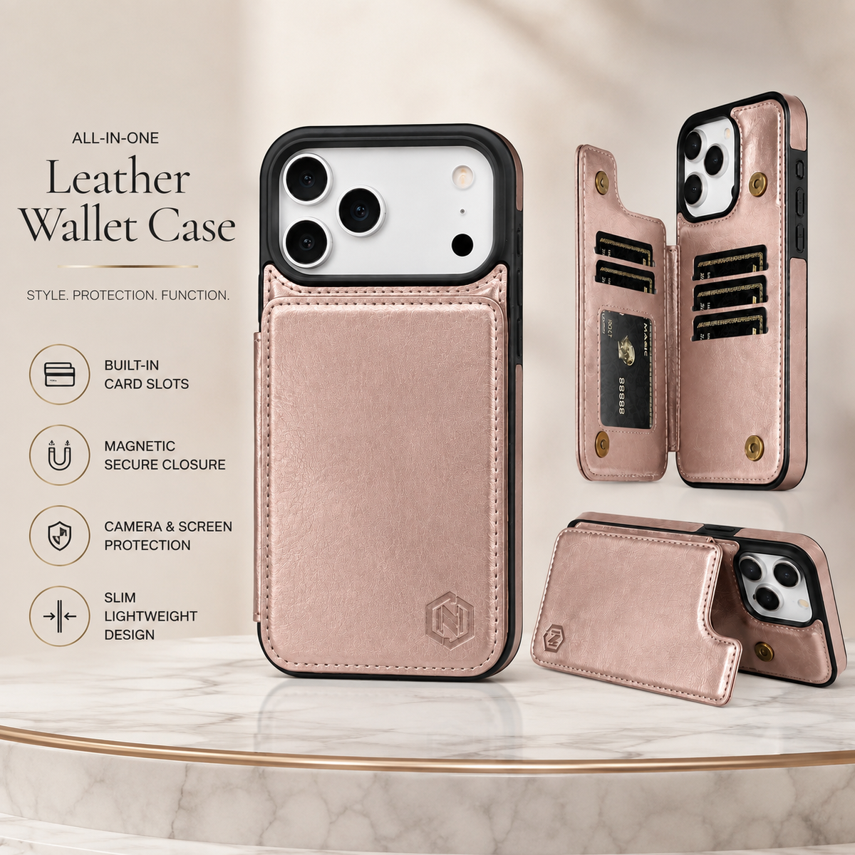 Premium iPhone Case Leather Wallet Card Holder Shockproof Protective Cover Business Slim Anti Scratch Non Slip Full Coverage Card Storage Case