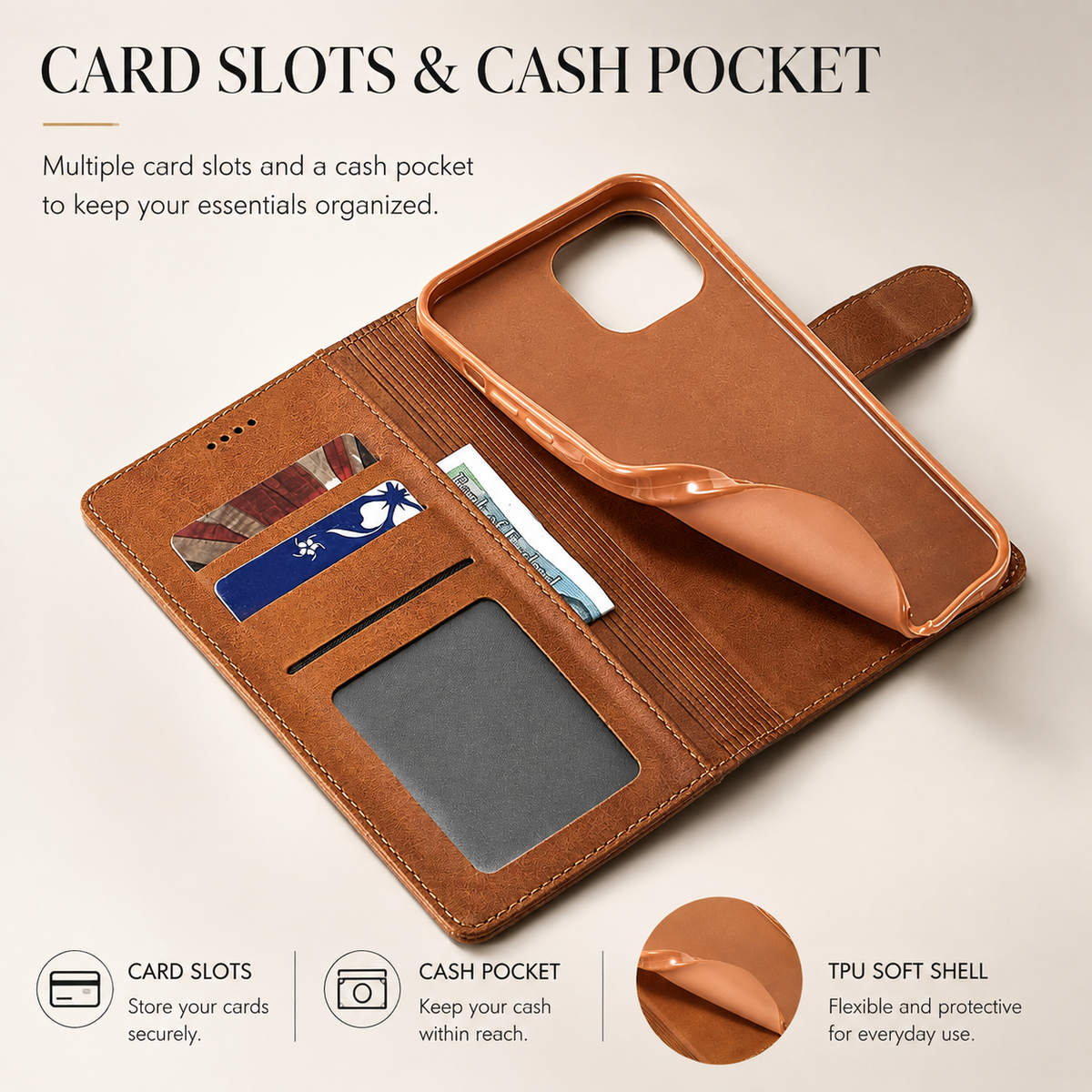 Premium iPhone Case Leather Wallet Flip Cover Card Holder Magnetic Closure Shockproof Full Body Camera Lens Protection Slim Elegant Design