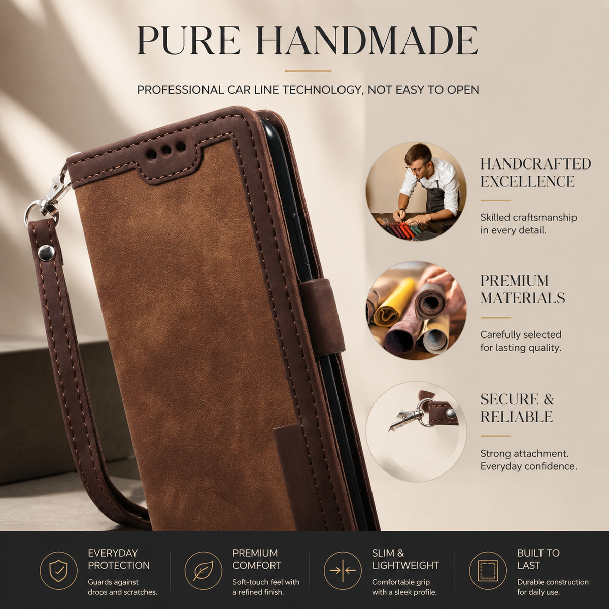Premium iPhone Case Leather Wallet Flip Cover Card Slots Magnetic Closure Shockproof Full Body Protection Stand Function Slim Elegant Design Daily Use