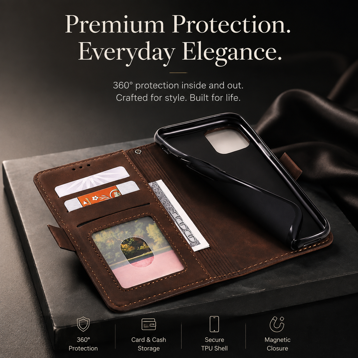 Premium iPhone Case Leather Wallet Flip Cover Card Slots Magnetic Closure Shockproof Full Body Protection Stand Function Slim Elegant Design Daily Use