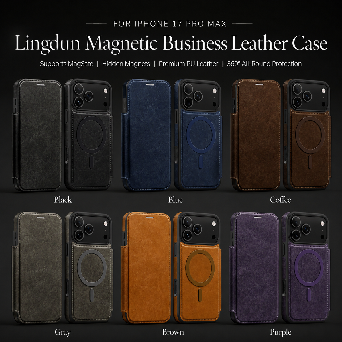 Premium iPhone Case Leather Wallet Flip Magnetic Card Holder Wireless Charging Retro Business Full Coverage Anti Scratch Slim Protective Cover