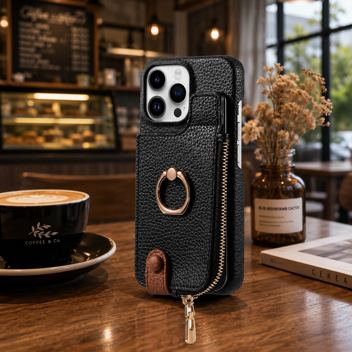 Premium iPhone Case Leather Zipper Wallet Cover Card Holder Ring Kickstand Magnetic Closure Shockproof Anti Fingerprint Protective Design