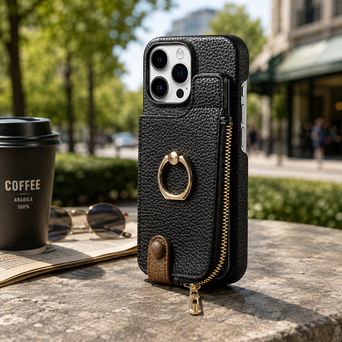 Premium iPhone Case Leather Zipper Wallet Cover Card Holder Ring Kickstand Magnetic Closure Shockproof Anti Fingerprint Protective Design