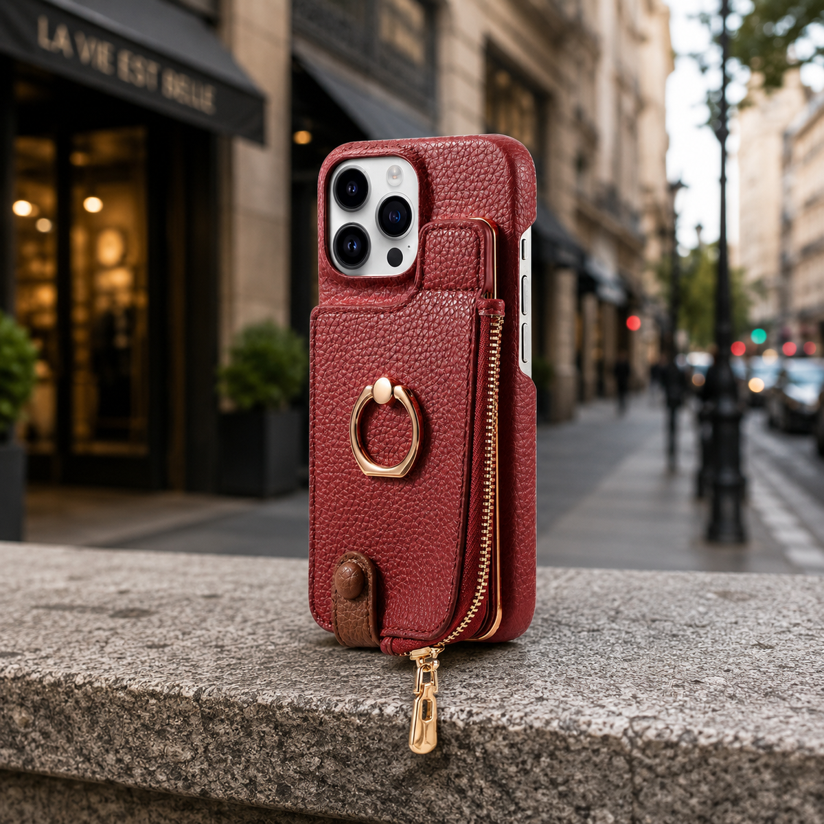 Premium iPhone Case Leather Zipper Wallet Cover Card Holder Ring Kickstand Magnetic Closure Shockproof Anti Fingerprint Protective Design