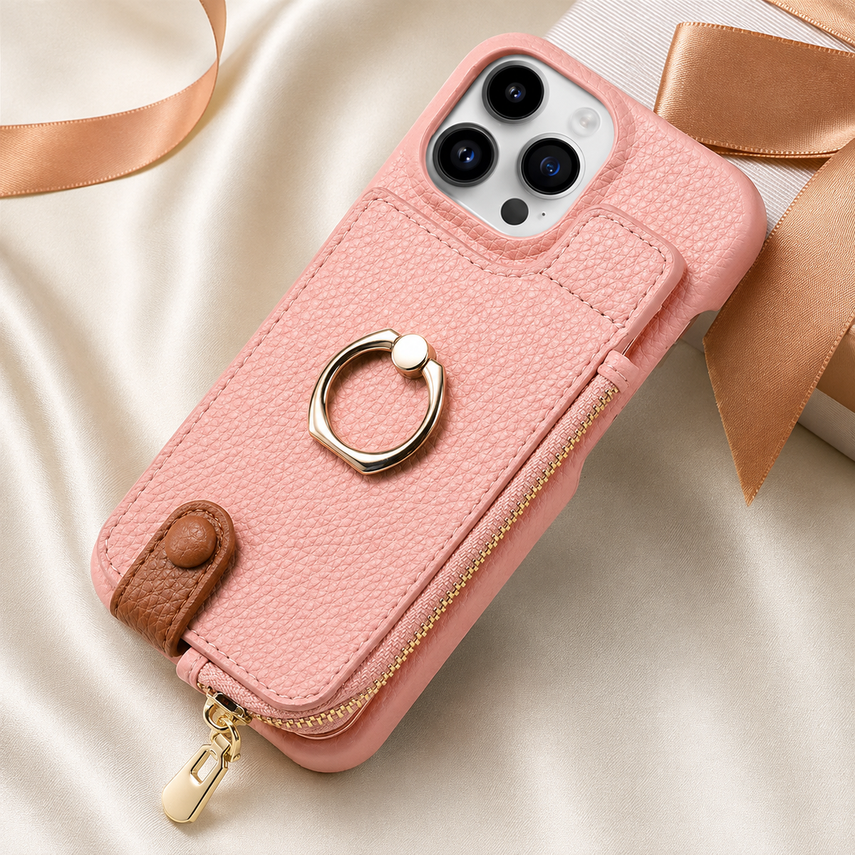 Premium iPhone Case Leather Zipper Wallet Cover Card Holder Ring Kickstand Magnetic Closure Shockproof Anti Fingerprint Protective Design