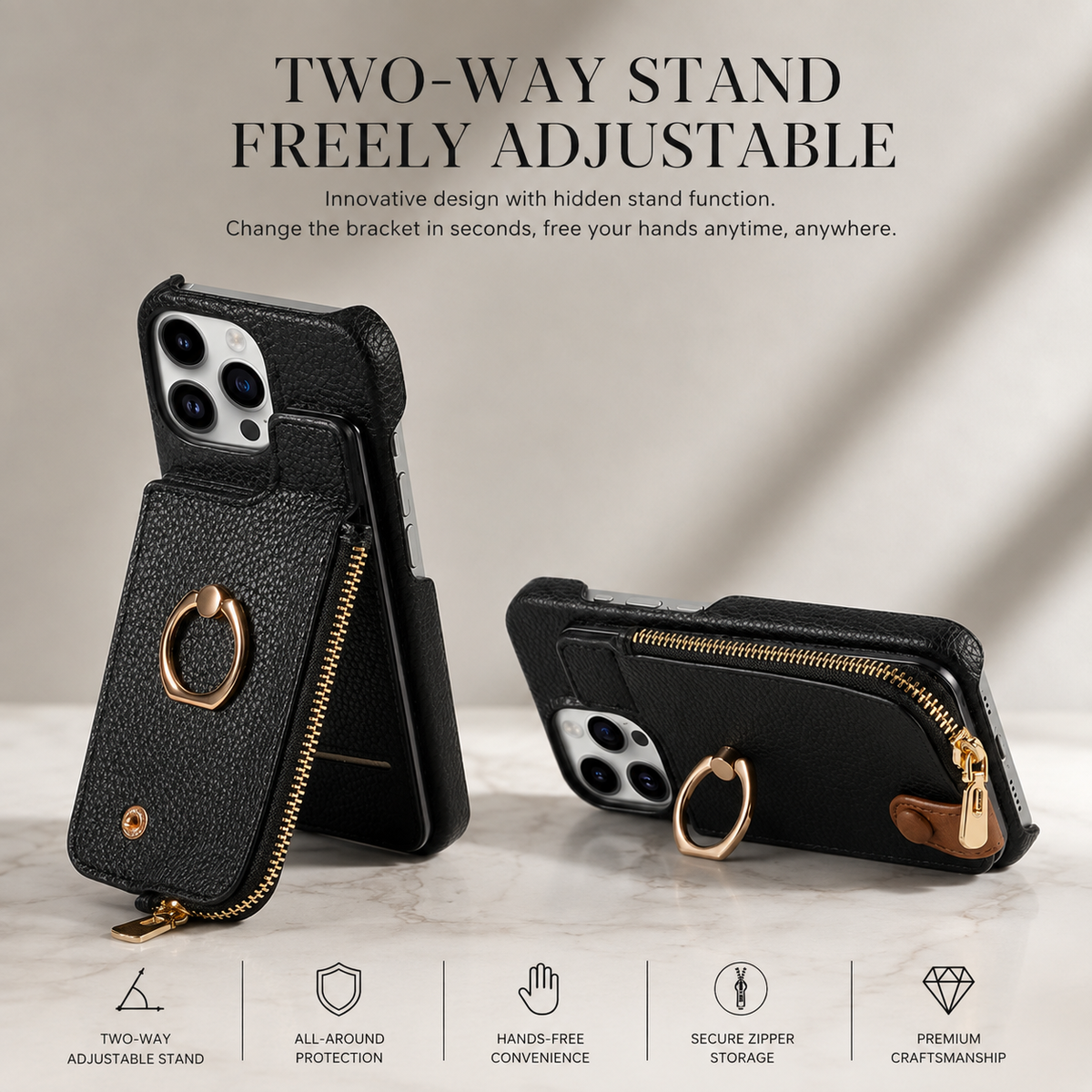 Premium iPhone Case Leather Zipper Wallet Cover Card Holder Ring Kickstand Magnetic Closure Shockproof Anti Fingerprint Protective Design