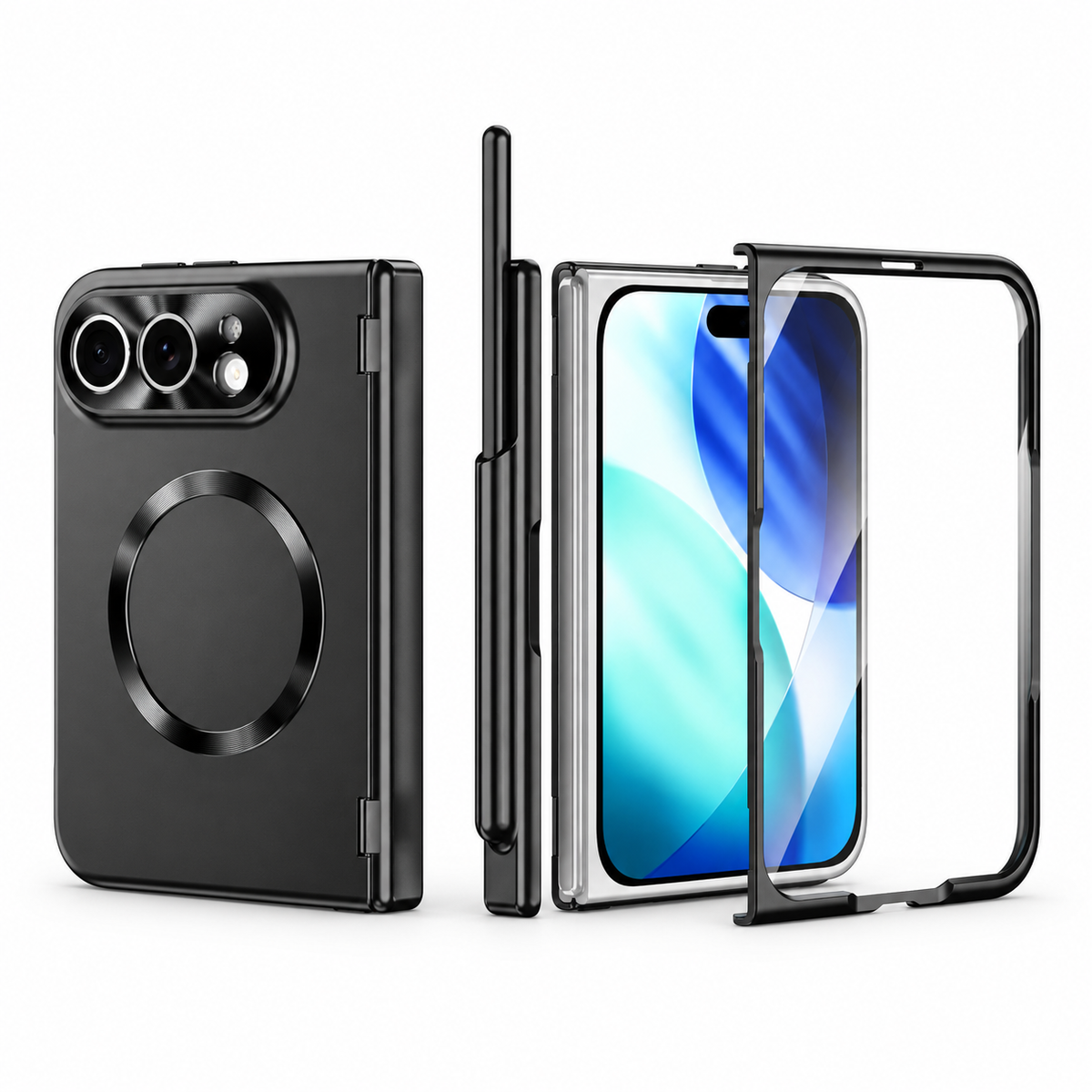 Premium iPhone Case Luxury Touch Pen MagSafe Plating Hinge Protection Front Tempered Glass Shockproof Slim Durable Full Protective Magnetic Phone Cover Case