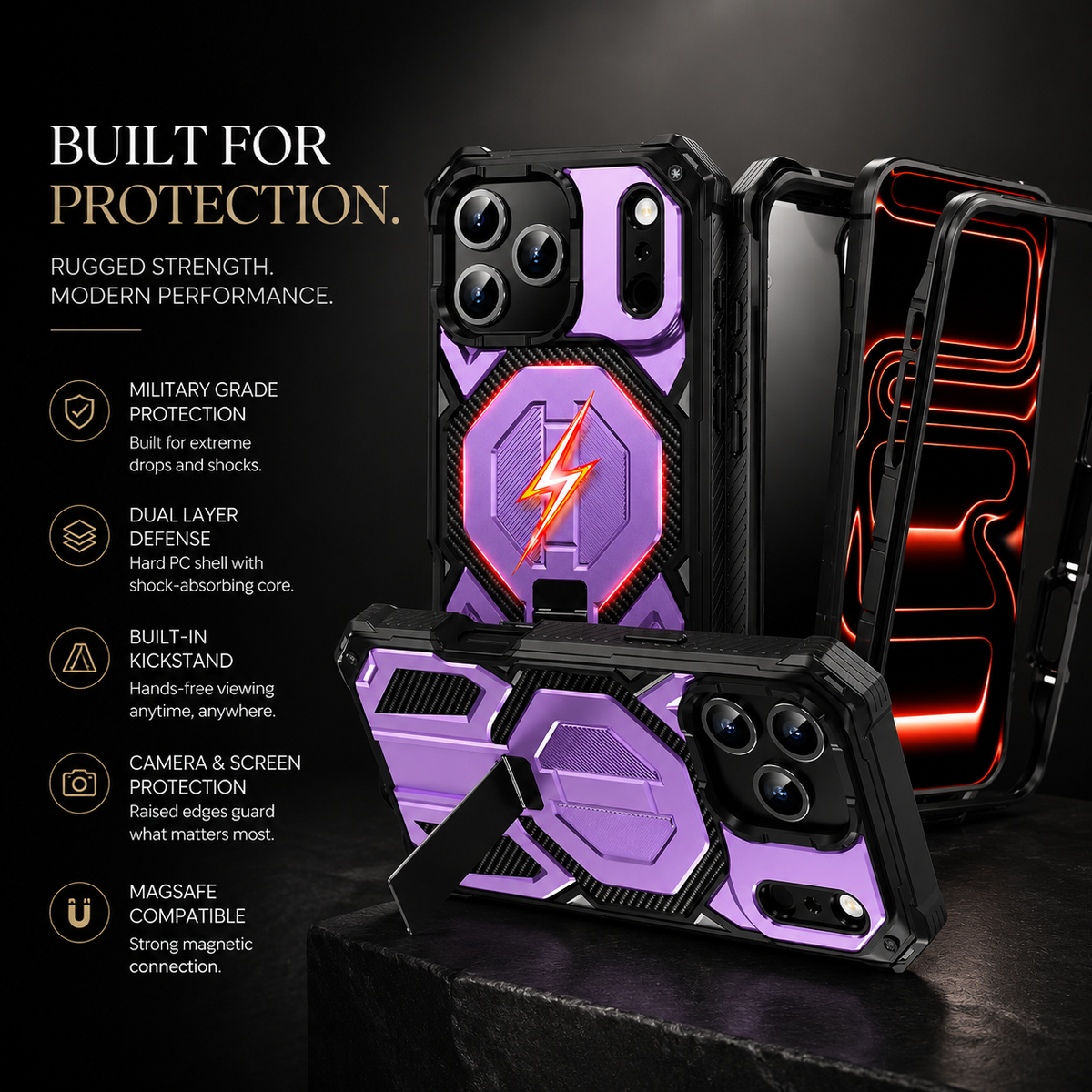 Premium iPhone Case Lychee Texture Leather MagSafe Cover Shockproof Alloy Camera Lens Guard Anti Scratch Anti Fingerprint Slim Lightweight Case Design