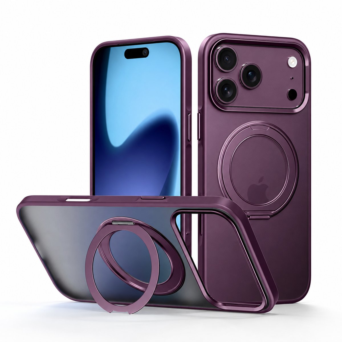 Premium iPhone Case MagSafe 360 Spin Magnetic Kickstand Metal Lens Guard Skin Feel Shockproof Anti Drop Slim Fit Non Slip Durable Protective Phone Cover Case