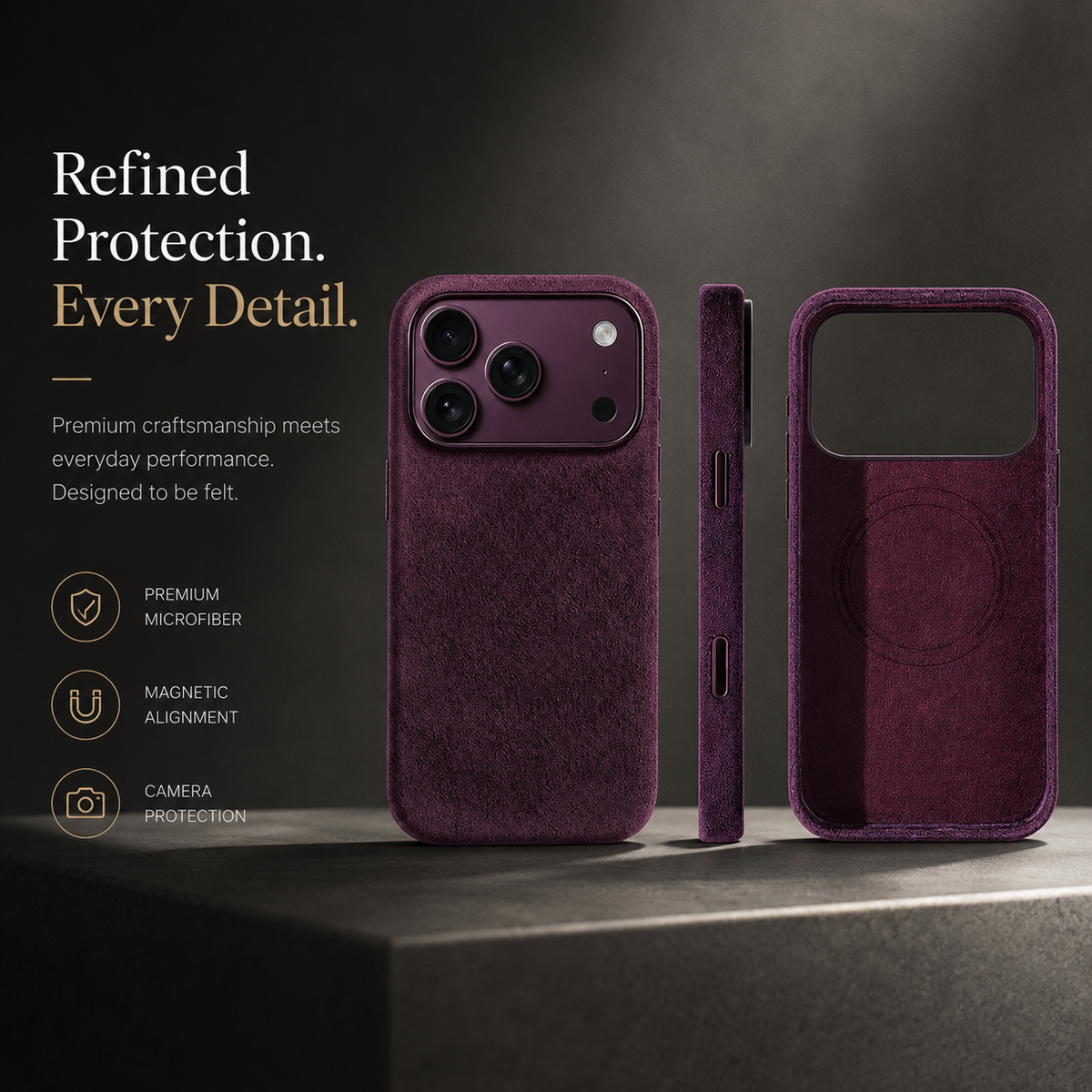 Premium iPhone Case MagSafe Alcantara Leather Magnetic Protective Cover Smart Button Anti Fingerprint Washable Slim Soft Touch Full Coverage Business Design