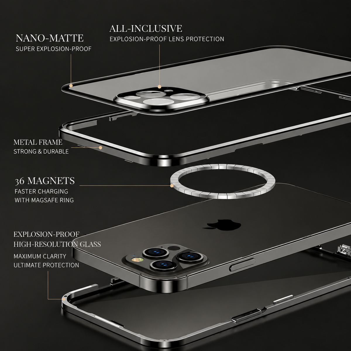 Premium iPhone Case MagSafe Aluminum Alloy Frame Tempered Glass PC Full Body Shockproof Camera Protection Clear Cover Anti Scratch Magnetic Protective