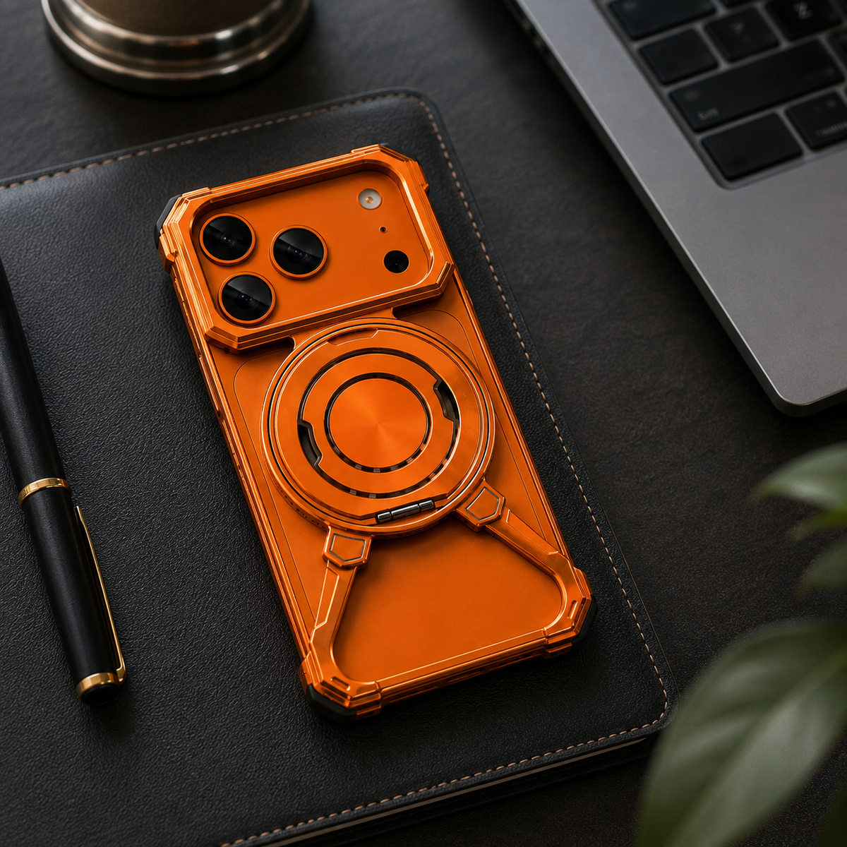 Premium iPhone Case MagSafe Aluminum Frameless Shockproof Protective Cover Rotating Stand Ring Slim Minimal Magnetic Full Coverage Modern Styling Grip