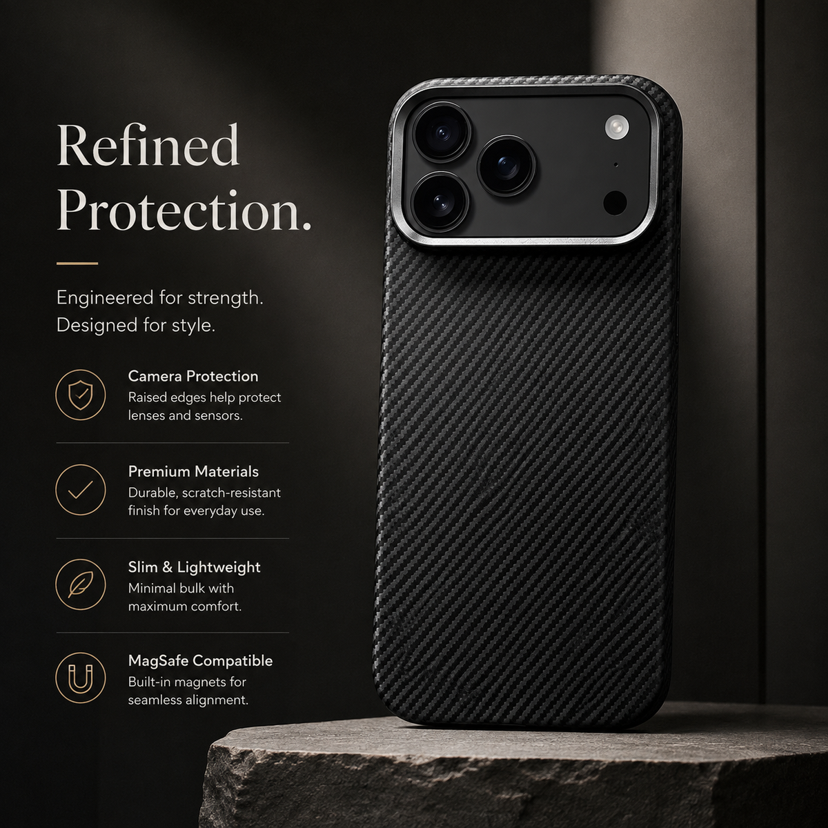 Premium iPhone Case MagSafe Aramid Kevlar Carbon Fiber Ultra Slim Magnetic Shockproof Protective Cover Anti Scratch Lightweight Business Full Coverage