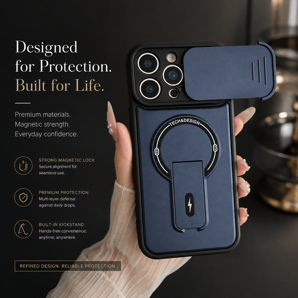 Premium iPhone Case MagSafe Armor Slide Camera Protective Cover Invisible Kickstand Holder Shockproof PC TPU Anti Scratch Non Slip Slim Rugged Case