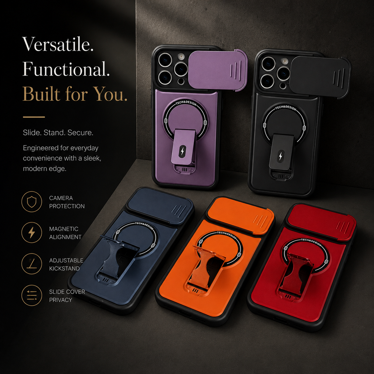 Premium iPhone Case MagSafe Armor Slide Camera Protective Cover Invisible Kickstand Holder Shockproof PC TPU Anti Scratch Non Slip Slim Rugged Case