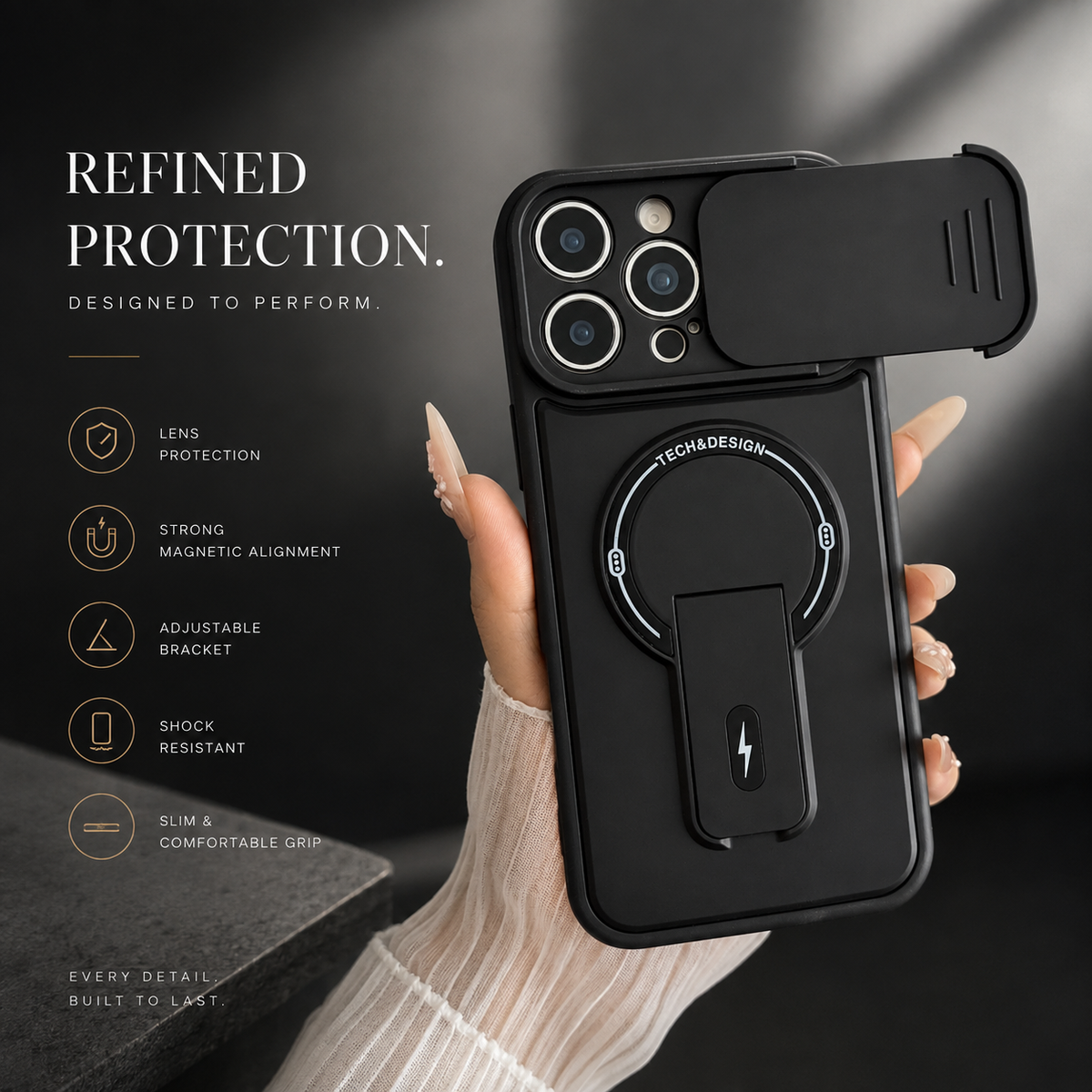 Premium iPhone Case MagSafe Armor Slide Camera Protective Cover Invisible Kickstand Holder Shockproof PC TPU Anti Scratch Non Slip Slim Rugged Case