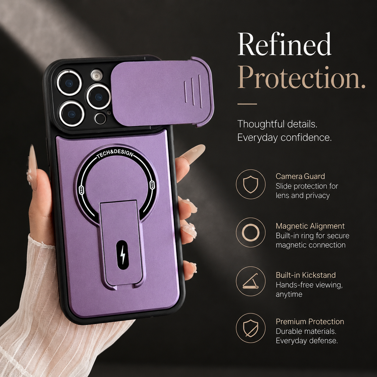 Premium iPhone Case MagSafe Armor Slide Camera Protective Cover Invisible Kickstand Holder Shockproof PC TPU Anti Scratch Non Slip Slim Rugged Case