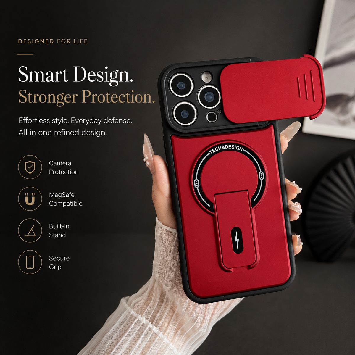 Premium iPhone Case MagSafe Armor Slide Camera Protective Cover Invisible Kickstand Holder Shockproof PC TPU Anti Scratch Non Slip Slim Rugged Case