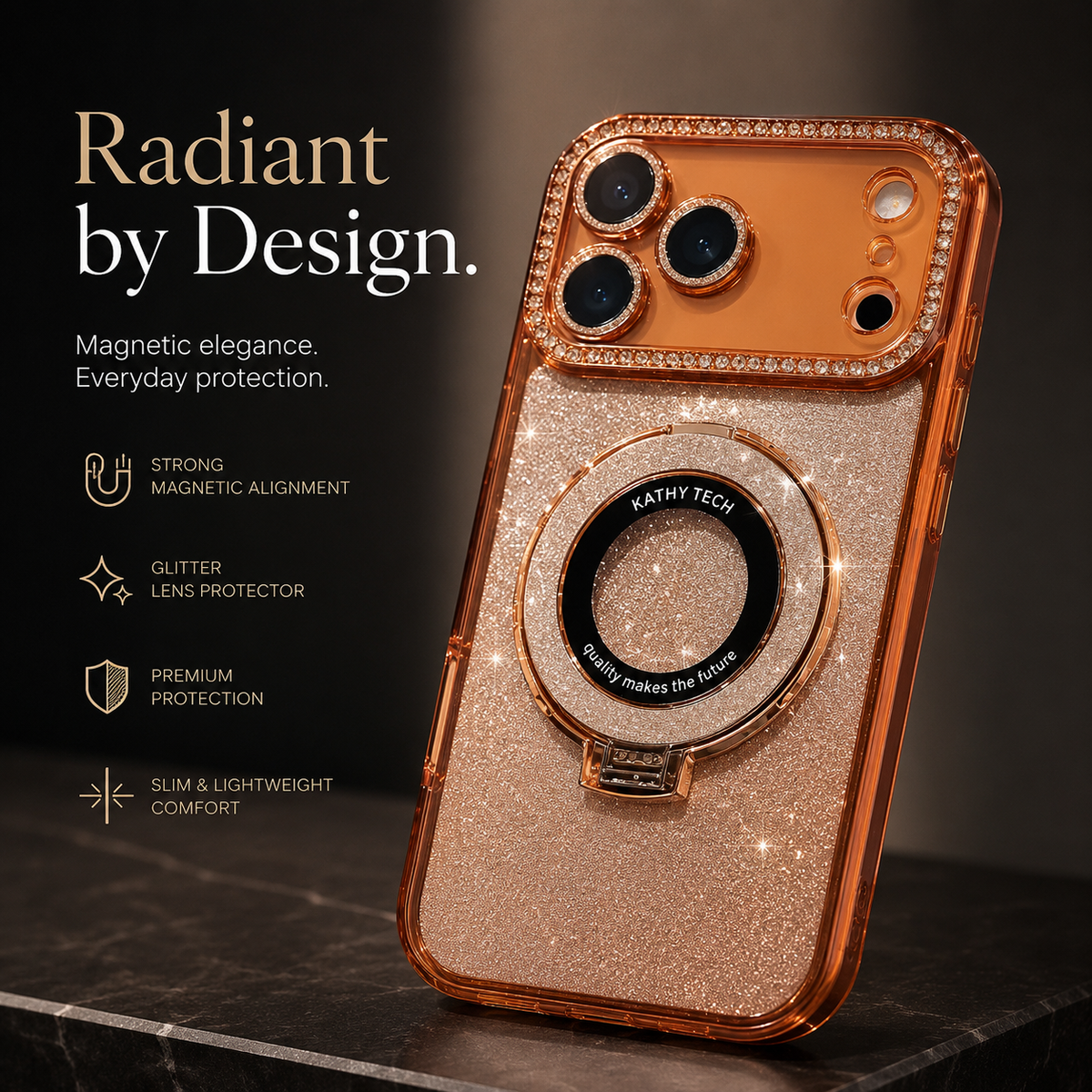 Premium iPhone Case MagSafe Bling Glitter Rhinestone Magnetic Ring Holder Plating Shockproof PC TPU Non Slip Protective Bumper Cover Case Design
