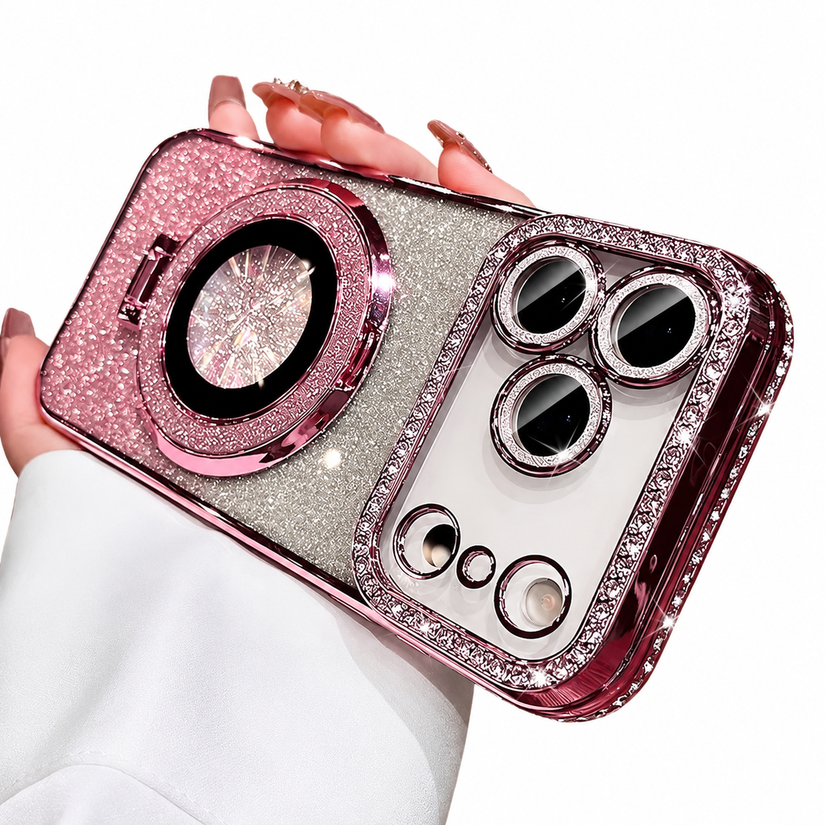 Premium iPhone Case MagSafe Bling Glitter Rhinestone Magnetic Ring Holder Plating Shockproof PC TPU Non Slip Protective Bumper Cover Case Design