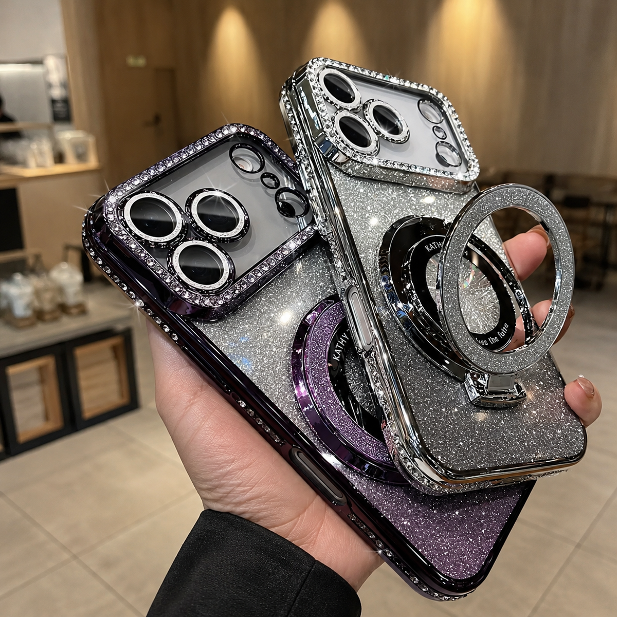 Premium iPhone Case MagSafe Bling Glitter Rhinestone Magnetic Ring Holder Plating Shockproof PC TPU Non Slip Protective Bumper Cover Case Design