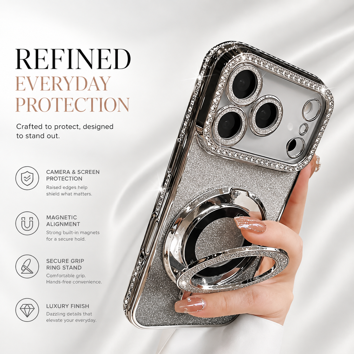 Premium iPhone Case MagSafe Bling Glitter Rhinestone Magnetic Ring Holder Plating Shockproof PC TPU Non Slip Protective Bumper Cover Case Design