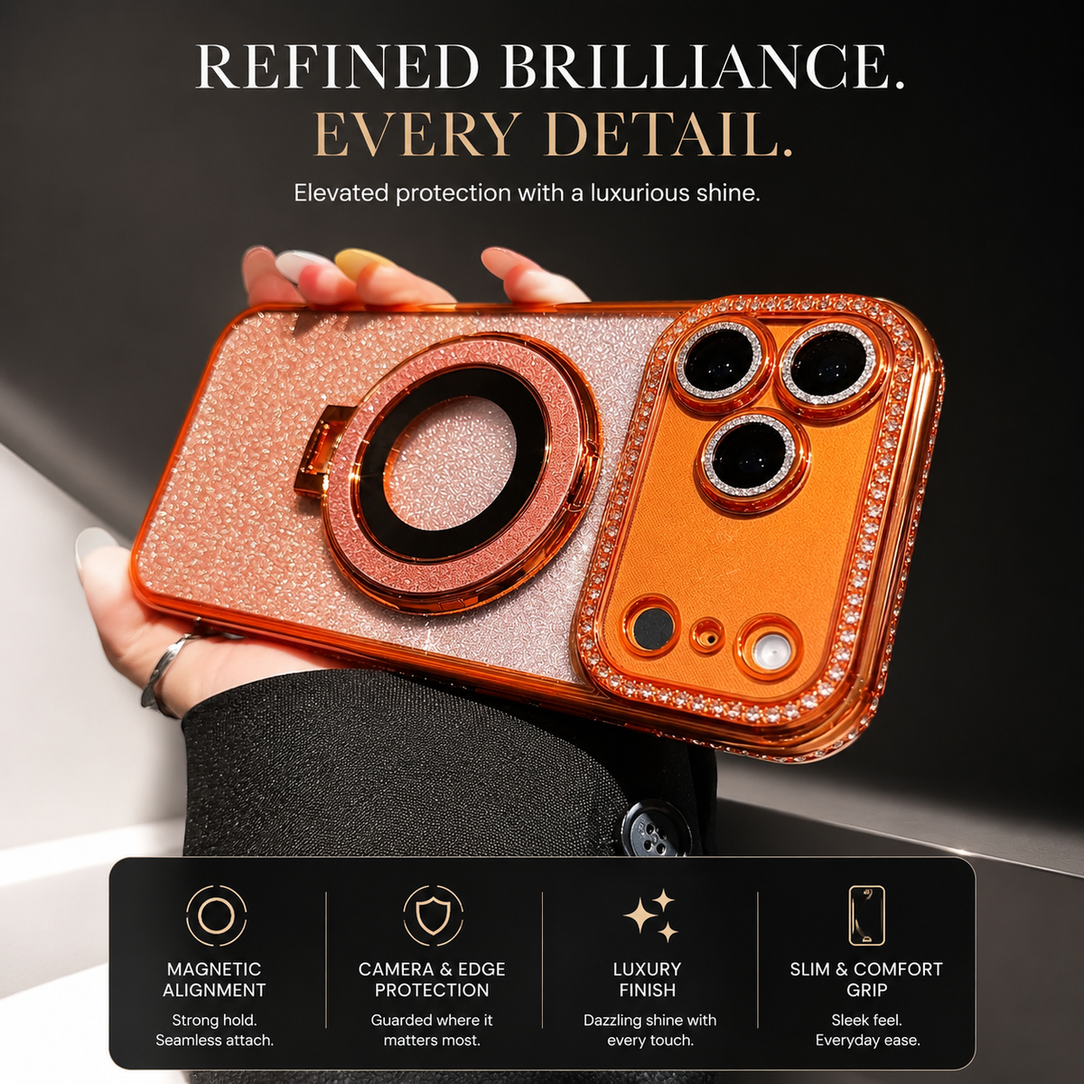 Premium iPhone Case MagSafe Bling Glitter Rhinestone Magnetic Ring Holder Plating Shockproof PC TPU Non Slip Protective Bumper Cover Case Design